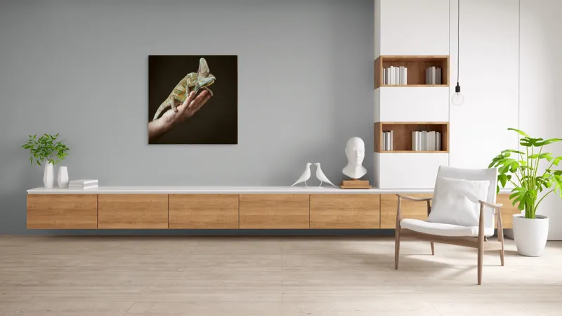 Tablou Canvas, "Cameleon pe mâna unui om", Nu pot identifica persoane sau obiecte specifice în imagini. Totuși, pot spune că în fotografie apare un animal care arată ca un cameleon pe o mână., 100 x 100 cm – poza 8