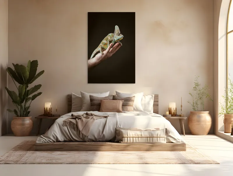 Tablou Canvas, "Cameleon pe mâna unui om", Nu pot identifica persoane sau obiecte specifice în imagini. Totuși, pot spune că în fotografie apare un animal care arată ca un cameleon pe o mână., 100 x 150 cm – poza 3