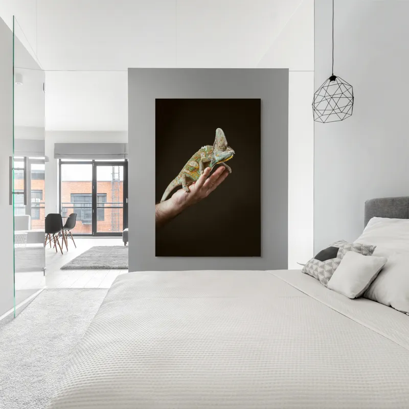 Tablou Canvas, "Cameleon pe mâna unui om", Nu pot identifica persoane sau obiecte specifice în imagini. Totuși, pot spune că în fotografie apare un animal care arată ca un cameleon pe o mână., 100 x 150 cm – poza 5
