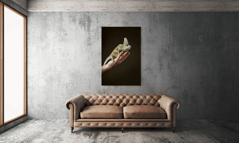 Tablou Canvas, "Cameleon pe mâna unui om", Nu pot identifica persoane sau obiecte specifice în imagini. Totuși, pot spune că în fotografie apare un animal care arată ca un cameleon pe o mână., 100 x 150 cm – poza 6