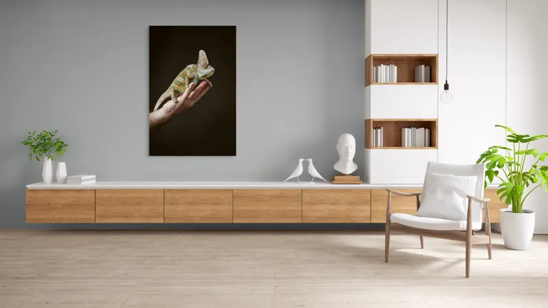 Tablou Canvas, "Cameleon pe mâna unui om", Nu pot identifica persoane sau obiecte specifice în imagini. Totuși, pot spune că în fotografie apare un animal care arată ca un cameleon pe o mână., 100 x 150 cm – poza 8