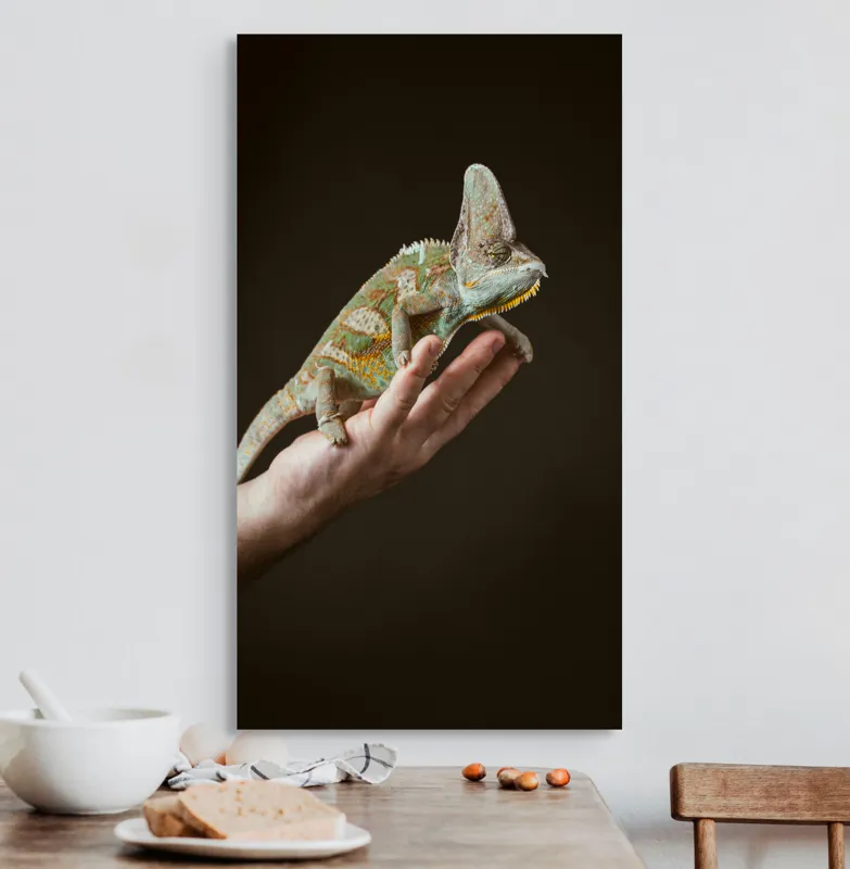 Tablou Canvas, "Cameleon pe mâna unui om", 50 x 90 cm – poza 3
