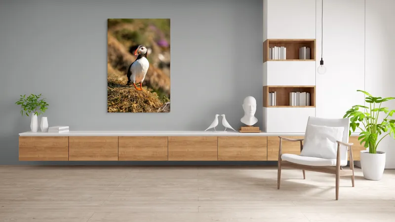 Tablou Canvas, "Puffin pe marginea stâncii verzi", Pinguin, Stâncă, Vegetație, Lumină, Panoramă, Măreție, Natură, Libertate., 100 x 150 cm – poza 8