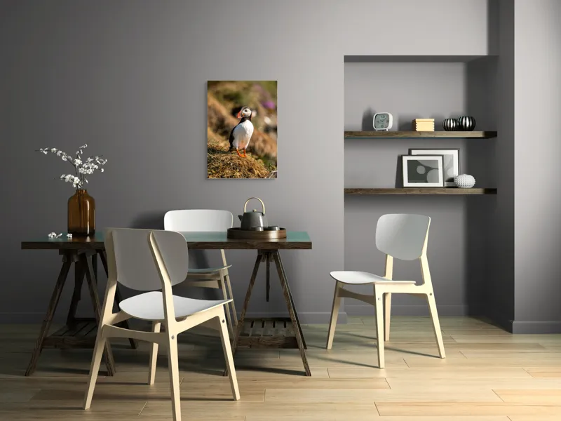 Tablou Canvas, "Puffin pe marginea stâncii verzi", Pinguin, Stâncă, Vegetație, Lumină, Panoramă, Măreție, Natură, Libertate., 50 x 70 cm – poza 5