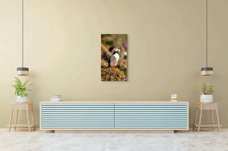 Tablou Canvas, "Puffin pe marginea stâncii verzi", Pinguin, Stâncă, Vegetație, Lumină, Panoramă, Măreție, Natură, Libertate., 50 x 90 cm – poza 6