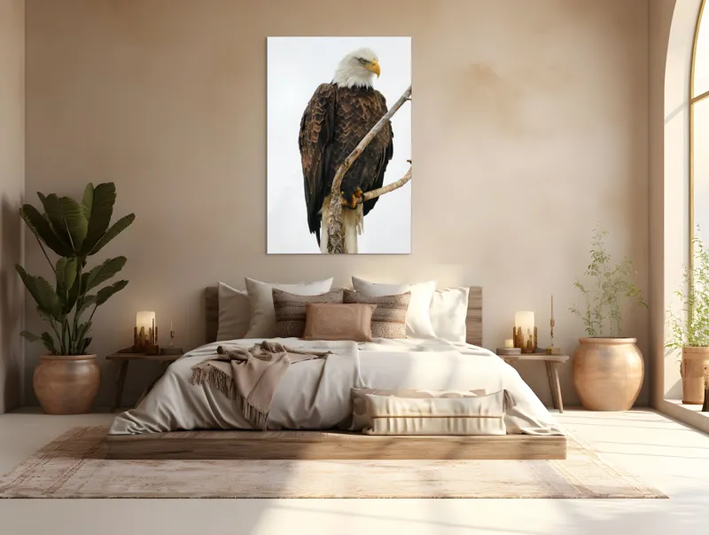 Tablou Canvas, "Vulturul mândru pe creangă înaltă", Vultur, Majestic, Penaj, Crengi, Privire, Natură., 100 x 150 cm – poza 3