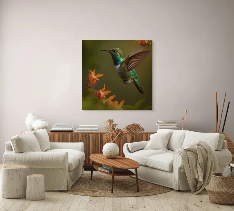 Tablou Canvas, "Colibriul dansând printre flori colorate", Colibri, Zbor, Florile, Verde, Aripi, Natură, Grație, 100 x 100 cm – poza 3