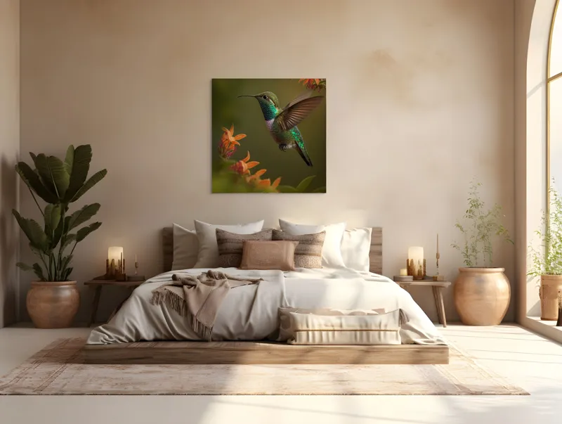 Tablou Canvas, "Colibriul dansând printre flori colorate", Colibri, Zbor, Florile, Verde, Aripi, Natură, Grație, 100 x 100 cm – poza 4