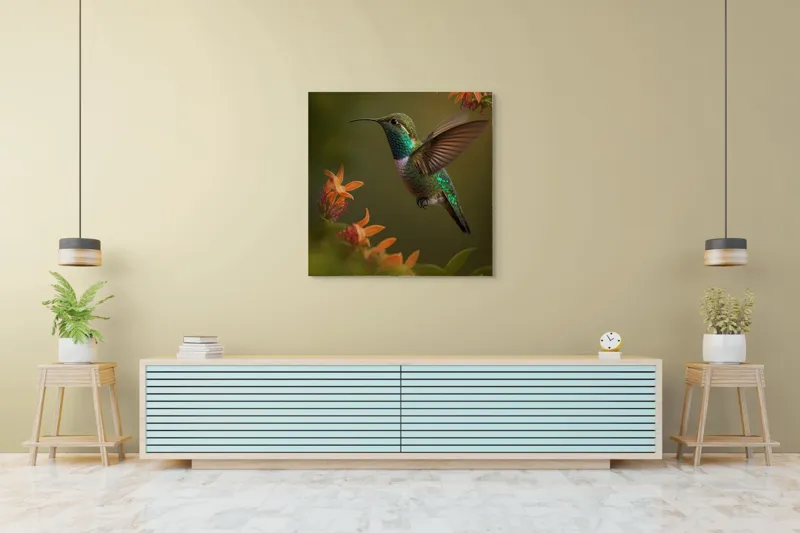 Tablou Canvas, "Colibriul dansând printre flori colorate", Colibri, Zbor, Florile, Verde, Aripi, Natură, Grație, 100 x 100 cm – poza 5