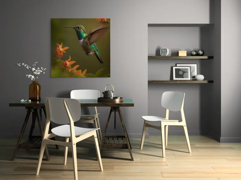 Tablou Canvas, "Colibriul dansând printre flori colorate", Colibri, Zbor, Florile, Verde, Aripi, Natură, Grație, 100 x 100 cm – poza 6
