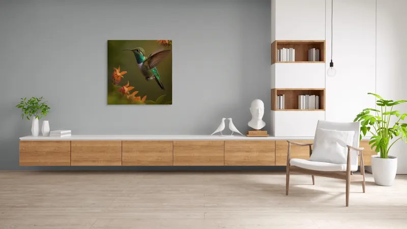 Tablou Canvas, "Colibriul dansând printre flori colorate", Colibri, Zbor, Florile, Verde, Aripi, Natură, Grație, 100 x 100 cm – poza 8