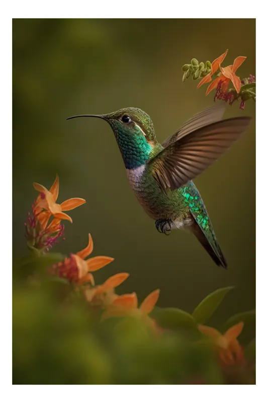 Tablou Canvas, "Colibriul dansând printre flori colorate", Colibri, Zbor, Florile, Verde, Aripi, Natură, Grație, 26 x 39 cm