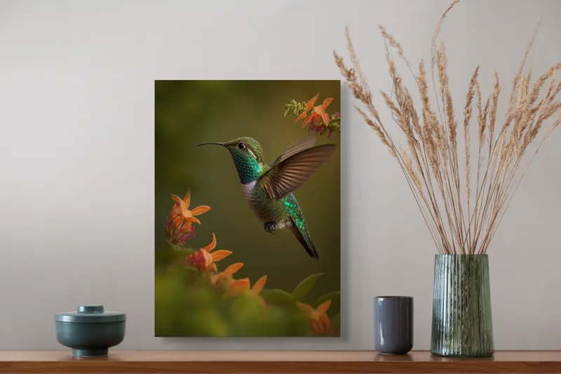 Tablou Canvas, "Colibriul dansând printre flori colorate", Colibri, Zbor, Florile, Verde, Aripi, Natură, Grație, 39 x 54 cm – poza 3