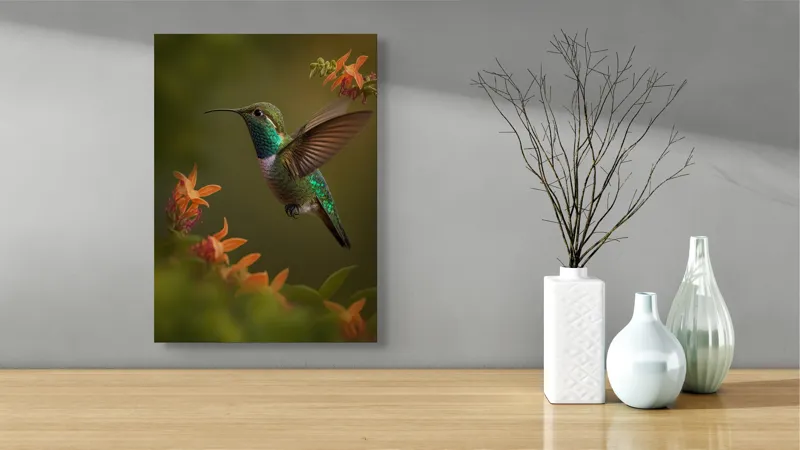 Tablou Canvas, "Colibriul dansând printre flori colorate", Colibri, Zbor, Florile, Verde, Aripi, Natură, Grație, 39 x 54 cm – poza 4
