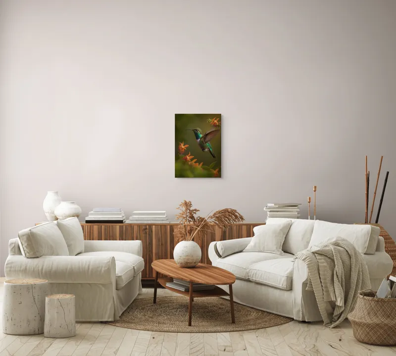 Tablou Canvas, "Colibriul dansând printre flori colorate", Colibri, Zbor, Florile, Verde, Aripi, Natură, Grație, 39 x 54 cm – poza 5
