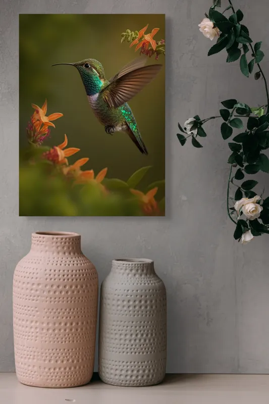 Tablou Canvas, "Colibriul dansând printre flori colorate", Colibri, Zbor, Florile, Verde, Aripi, Natură, Grație, 39 x 54 cm – poza 6