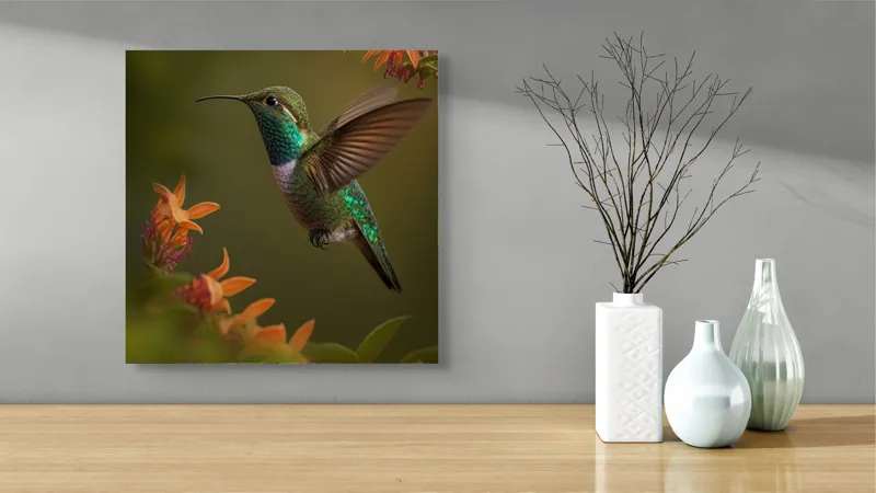 Tablou Canvas, "Colibriul dansând printre flori colorate", Colibri, Zbor, Florile, Verde, Aripi, Natură, Grație, 50 x 50 cm – poza 3