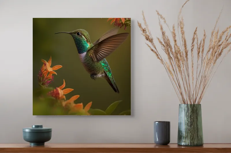 Tablou Canvas, "Colibriul dansând printre flori colorate", Colibri, Zbor, Florile, Verde, Aripi, Natură, Grație, 50 x 50 cm – poza 4