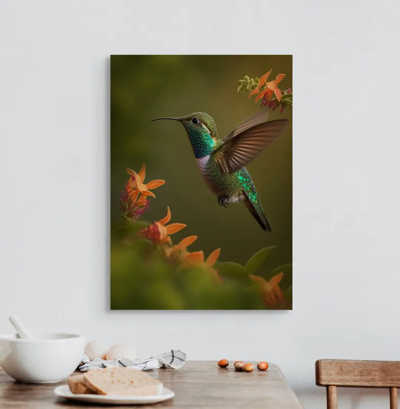 Tablou Canvas, "Colibriul dansând printre flori colorate", Colibri, Zbor, Florile, Verde, Aripi, Natură, Grație, 50 x 70 cm – poza 3