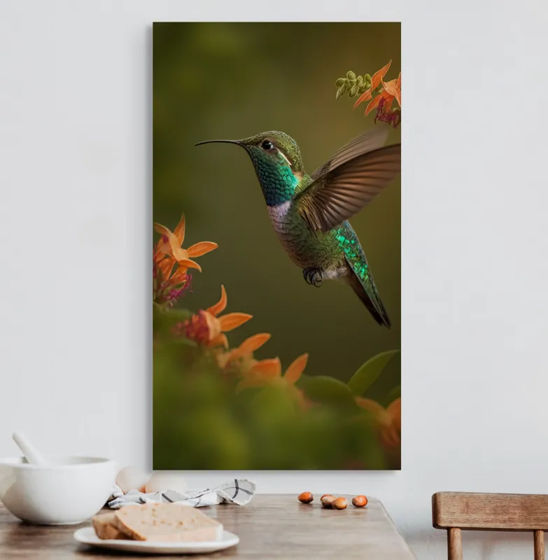 Tablou Canvas, "Colibriul dansând printre flori colorate", Colibri, Zbor, Florile, Verde, Aripi, Natură, Grație, 50 x 90 cm – poza 3