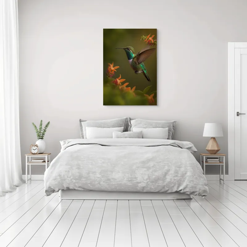 Tablou Canvas, "Colibriul dansând printre flori colorate", Colibri, Zbor, Florile, Verde, Aripi, Natură, Grație, 70 x 100 cm – poza 3