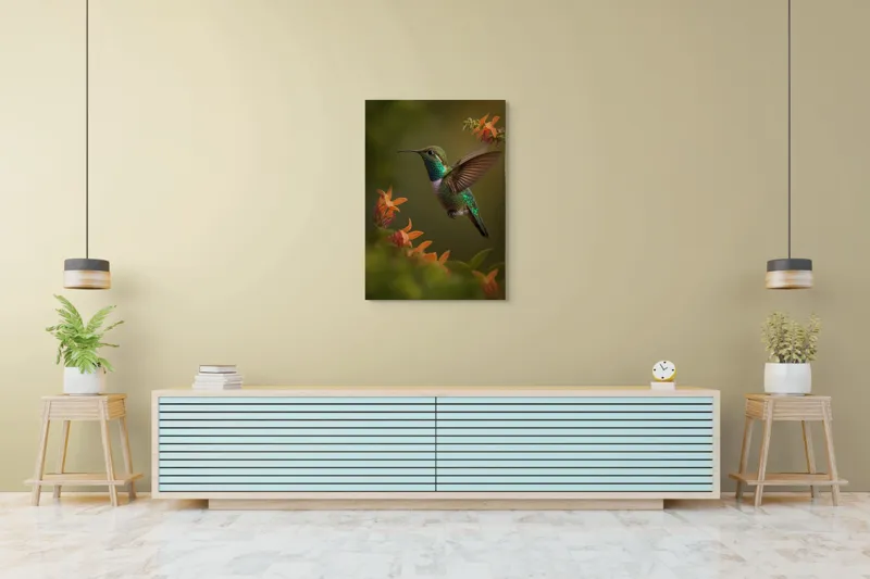 Tablou Canvas, "Colibriul dansând printre flori colorate", Colibri, Zbor, Florile, Verde, Aripi, Natură, Grație, 70 x 100 cm – poza 5