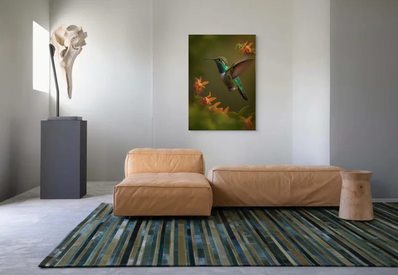 Tablou Canvas, "Colibriul dansând printre flori colorate", Colibri, Zbor, Florile, Verde, Aripi, Natură, Grație, 70 x 100 cm – poza 7