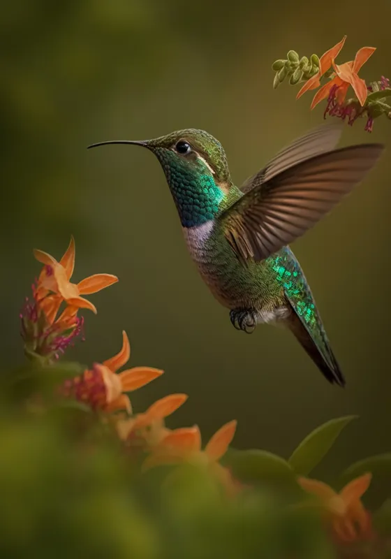 Tablou Canvas, "Colibriul dansând printre flori colorate", Colibri, Zbor, Florile, Verde, Aripi, Natură, Grație, 70 x 100 cm – poza 2