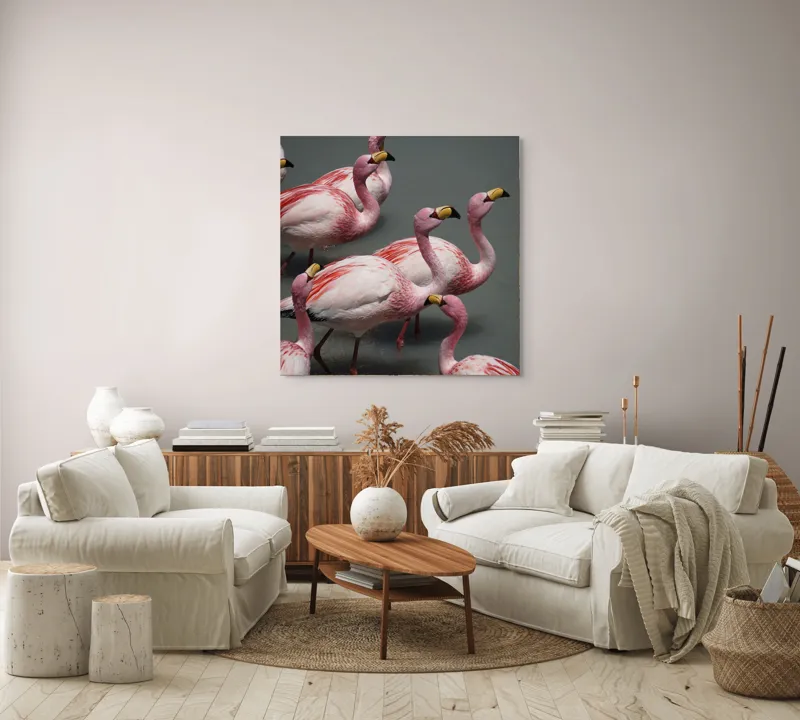 Tablou Canvas, "Dansul grațios al flamingourilor roz", Flamingo, Roz, Aglomerare, Apă, Elegant, Grațios, Exuberant, Seren, Păsări, Strălucitor, 100 x 100 cm – poza 3