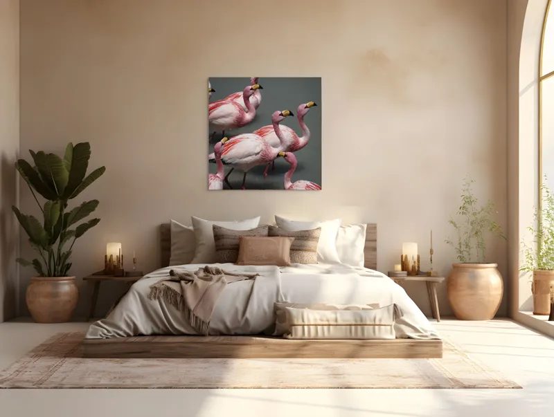 Tablou Canvas, "Dansul grațios al flamingourilor roz", Flamingo, Roz, Aglomerare, Apă, Elegant, Grațios, Exuberant, Seren, Păsări, Strălucitor, 100 x 100 cm – poza 4