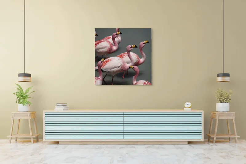 Tablou Canvas, "Dansul grațios al flamingourilor roz", Flamingo, Roz, Aglomerare, Apă, Elegant, Grațios, Exuberant, Seren, Păsări, Strălucitor, 100 x 100 cm – poza 5