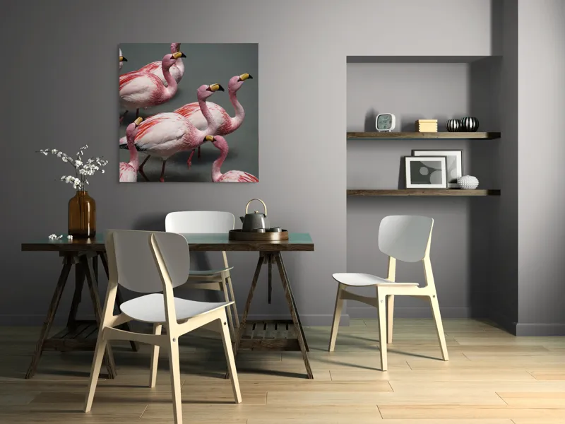 Tablou Canvas, "Dansul grațios al flamingourilor roz", Flamingo, Roz, Aglomerare, Apă, Elegant, Grațios, Exuberant, Seren, Păsări, Strălucitor, 100 x 100 cm – poza 6
