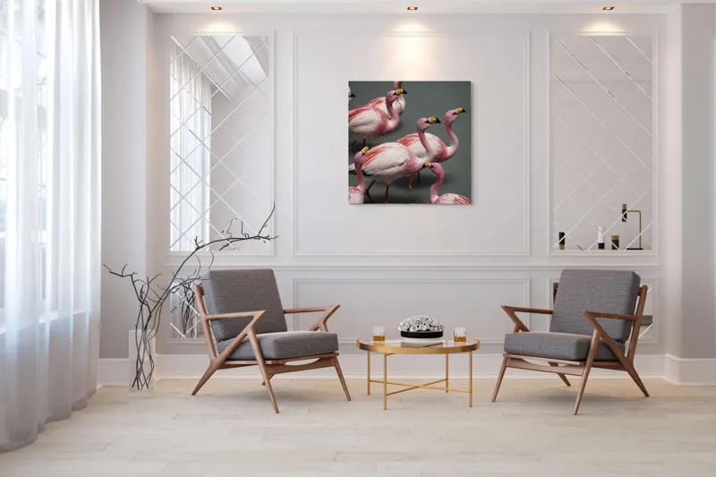 Tablou Canvas, "Dansul grațios al flamingourilor roz", Flamingo, Roz, Aglomerare, Apă, Elegant, Grațios, Exuberant, Seren, Păsări, Strălucitor, 100 x 100 cm – poza 7