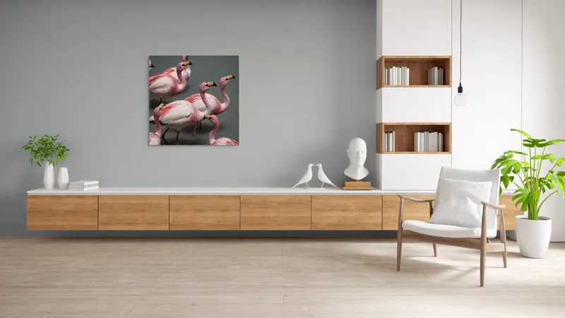 Tablou Canvas, "Dansul grațios al flamingourilor roz", Flamingo, Roz, Aglomerare, Apă, Elegant, Grațios, Exuberant, Seren, Păsări, Strălucitor, 100 x 100 cm – poza 8