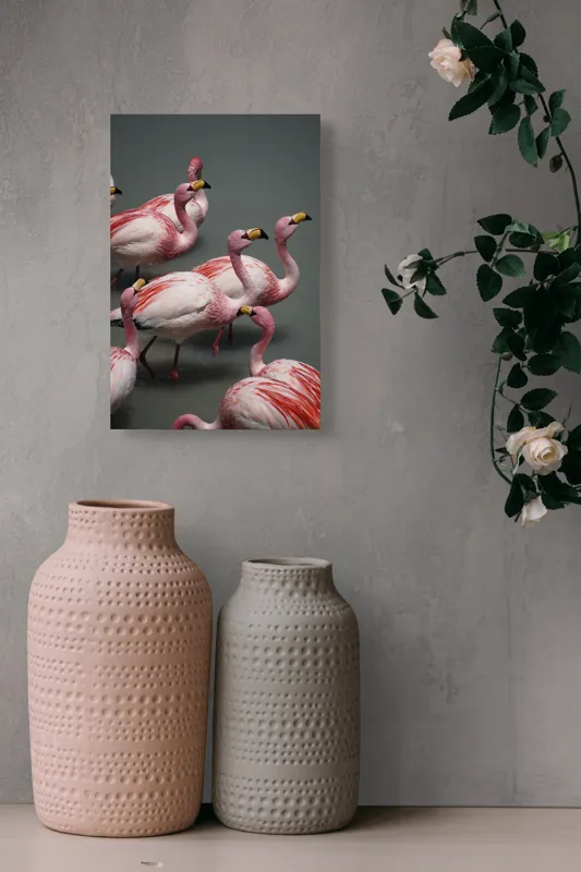 Tablou Canvas, "Dansul grațios al flamingourilor roz", Flamingo, Roz, Aglomerare, Apă, Elegant, Grațios, Exuberant, Seren, Păsări, Strălucitor, 26 x 39 cm – poza 6