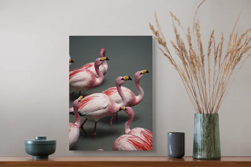 Tablou Canvas, "Dansul grațios al flamingourilor roz", Flamingo, Roz, Aglomerare, Apă, Elegant, Grațios, Exuberant, Seren, Păsări, Strălucitor, 39 x 54 cm – poza 3