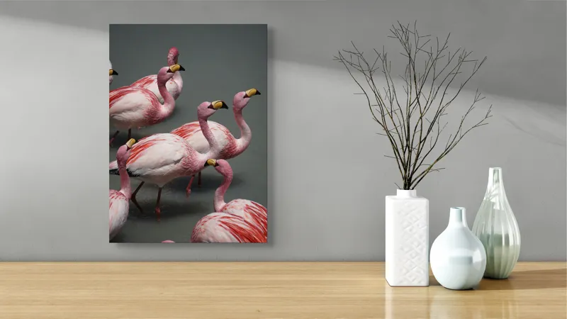 Tablou Canvas, "Dansul grațios al flamingourilor roz", Flamingo, Roz, Aglomerare, Apă, Elegant, Grațios, Exuberant, Seren, Păsări, Strălucitor, 39 x 54 cm – poza 4