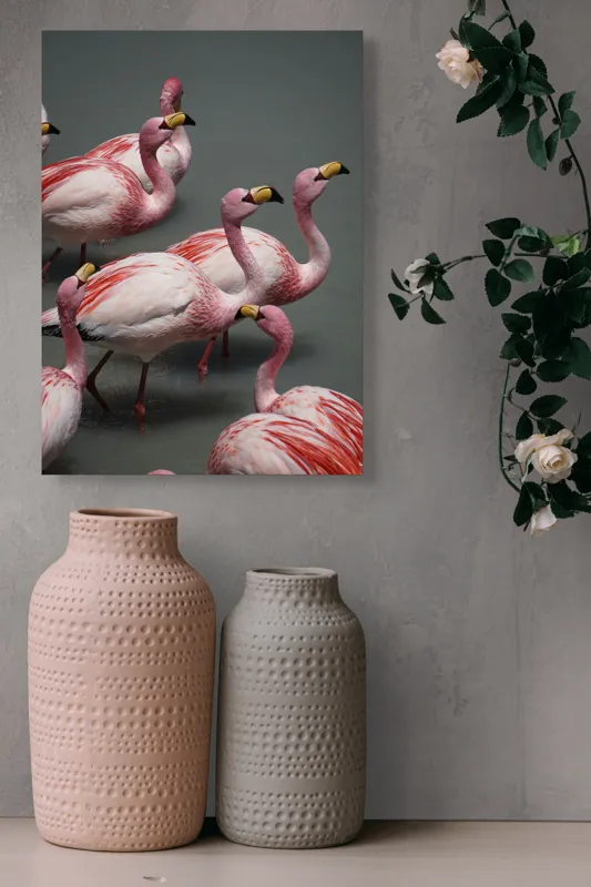 Tablou Canvas, "Dansul grațios al flamingourilor roz", Flamingo, Roz, Aglomerare, Apă, Elegant, Grațios, Exuberant, Seren, Păsări, Strălucitor, 39 x 54 cm – poza 6