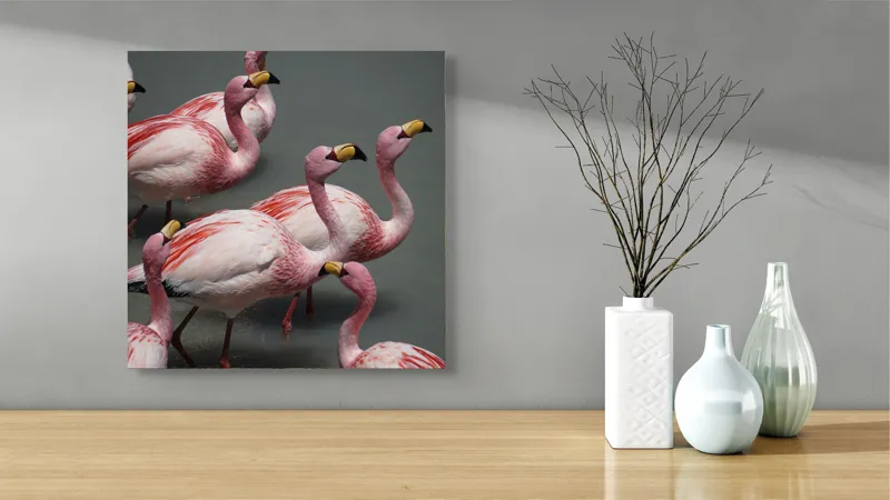 Tablou Canvas, "Dansul grațios al flamingourilor roz", Flamingo, Roz, Aglomerare, Apă, Elegant, Grațios, Exuberant, Seren, Păsări, Strălucitor, 50 x 50 cm – poza 3