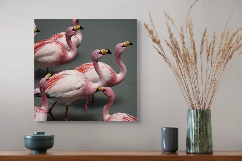 Tablou Canvas, "Dansul grațios al flamingourilor roz", Flamingo, Roz, Aglomerare, Apă, Elegant, Grațios, Exuberant, Seren, Păsări, Strălucitor, 50 x 50 cm – poza 4