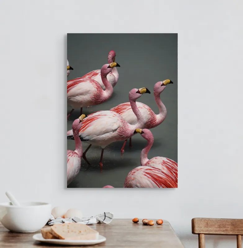 Tablou Canvas, "Dansul grațios al flamingourilor roz", Flamingo, Roz, Aglomerare, Apă, Elegant, Grațios, Exuberant, Seren, Păsări, Strălucitor, 50 x 70 cm – poza 3