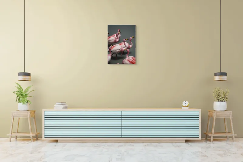 Tablou Canvas, "Dansul grațios al flamingourilor roz", Flamingo, Roz, Aglomerare, Apă, Elegant, Grațios, Exuberant, Seren, Păsări, Strălucitor, 50 x 70 cm – poza 6