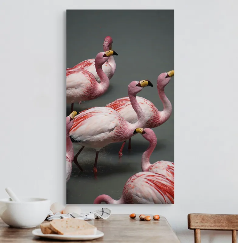 Tablou Canvas, "Dansul grațios al flamingourilor roz", Flamingo, Roz, Aglomerare, Apă, Elegant, Grațios, Exuberant, Seren, Păsări, Strălucitor, 50 x 90 cm – poza 3