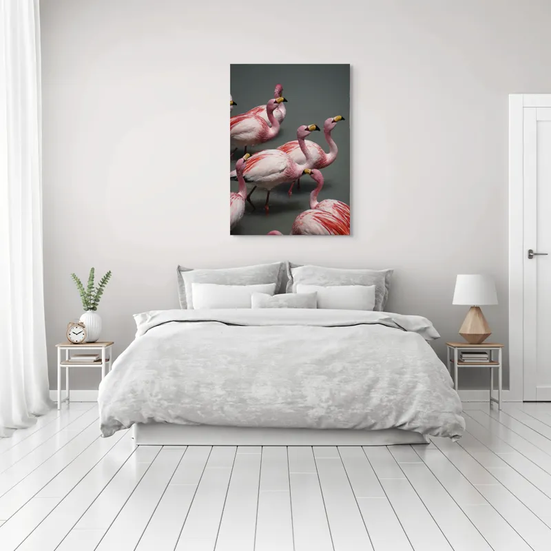 Tablou Canvas, "Dansul grațios al flamingourilor roz", Flamingo, Roz, Aglomerare, Apă, Elegant, Grațios, Exuberant, Seren, Păsări, Strălucitor, 70 x 100 cm – poza 3
