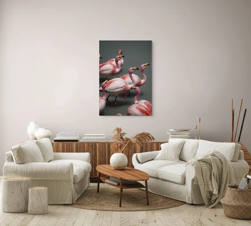 Tablou Canvas, "Dansul grațios al flamingourilor roz", Flamingo, Roz, Aglomerare, Apă, Elegant, Grațios, Exuberant, Seren, Păsări, Strălucitor, 70 x 100 cm – poza 4