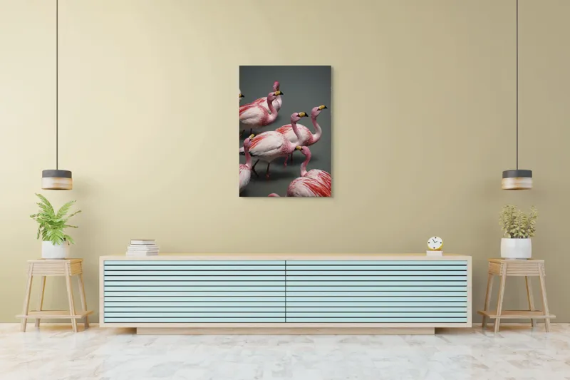 Tablou Canvas, "Dansul grațios al flamingourilor roz", Flamingo, Roz, Aglomerare, Apă, Elegant, Grațios, Exuberant, Seren, Păsări, Strălucitor, 70 x 100 cm – poza 5