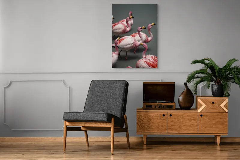 Tablou Canvas, "Dansul grațios al flamingourilor roz", Flamingo, Roz, Aglomerare, Apă, Elegant, Grațios, Exuberant, Seren, Păsări, Strălucitor, 70 x 100 cm – poza 6