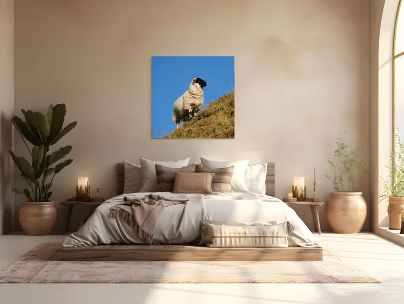Tablou Canvas, "Oaie pe culmea dealului verde", Oi, Deal, Cer, Albastru, Iarbă, Soare, Liniște, Natură, 100 x 100 cm – poza 4