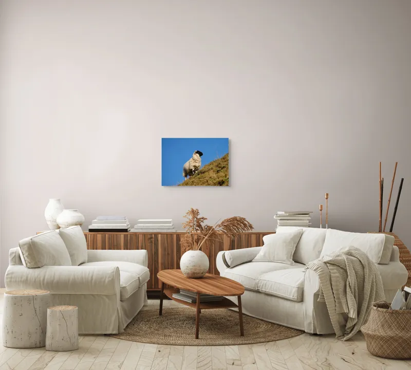 Tablou Canvas, "Oaie pe culmea dealului verde", Oi, Deal, Cer, Albastru, Iarbă, Soare, Liniște, Natură, 54 x 39 cm – poza 5