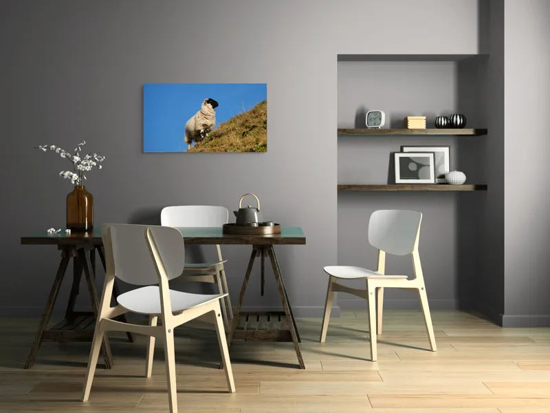 Tablou Canvas, "Oaie pe culmea dealului verde", Oi, Deal, Cer, Albastru, Iarbă, Soare, Liniște, Natură, 90 x 50 cm – poza 3